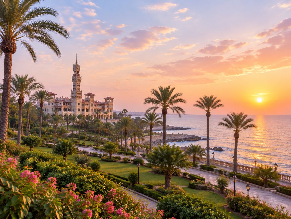 قصر المنتزه بين النخل والجناين، والشمس بتغرب على البحر