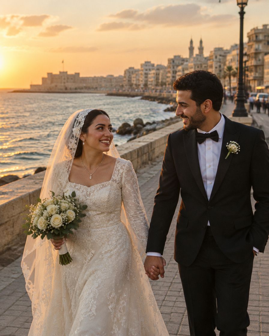 عروسة وعريس ماسكين إيد بعض وماشيين على كورنيش إسكندرية وقت الغروب